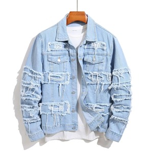Fashion Trend Men's Broken Holes <b>Denim</b> Jacket Street Casual Male Youth Single Breasted Splicing Pocket Long Sleeve Slim Fit <b>Coat</b> - Product Image 1