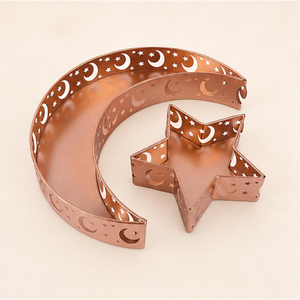 Wholesale Rose <b>Gold</b> Metal Ramadan <b>Tray</b> Set Hollow Out Moon Star Shaped Eid Mubarak <b>Serving</b> Plate Modern Islamic Iftar Party - Product Image 1