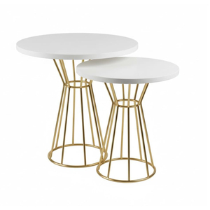 Modern Luxury <b>Round</b> Nesting Coffee <b>Table</b> Set Of 2 <b>White</b> Marble Top with Gold Geometric Metal Frame Space-Saving Side <b>Tables</b> - Product Image 1