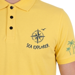Polo de Manga Corta Amarillo para Hombre, de Algodón, con Logotipo Bordado de Explorador Marino, Corte Regular Informal, Color Sólido, Transpirable - Product Image 5