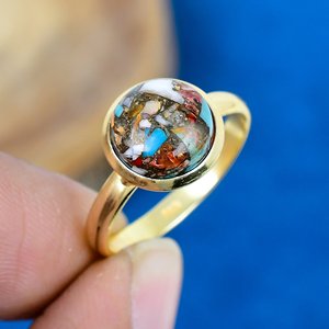 Natural Oyster <b>turquoise</b> Round Shape Cut Gemstone 18k Gold Plated Bezel Handmade <b>Ring</b> For Women - Product Image 2
