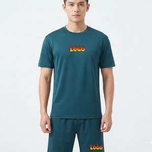 Ensemble T-shirt et short décontracté en coton bleu sarcelle uni pour homme, col rond, manches courtes, respirant, tenue d'été – Fabricant OEM - Product Image 1