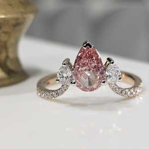 Unique Crossover Lab Grown 1.01CT Pink Pear Cut Diamond Three Stone <b>Ring</b> For Women's 10K Solid Gold Promise Gift For Lover - Product Image 1