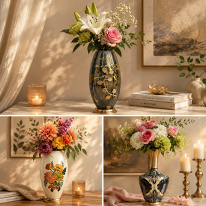 Vase à fleurs moderne en métal de luxe |   Vase décoratif noir et or pour la décoration de la maison, arrangement floral pour table de mariage - Product Image 2