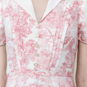 Robe midi vintage rose à fleurs avec col cranté, manches bouffantes, taille cintrée, coupe trapèze, robe tendance pour femme, services OEM ODM - Product Image 5