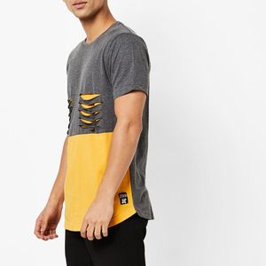 T-shirt décontracté à manches courtes et col rond gris et jaune pour homme, coupe ample, tricoté, 100 % coton, écologique et respirant - Product Image 3