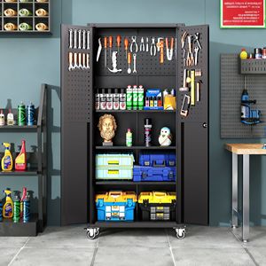 Armadio Metallico Nero da 71 Pollici per Garage con Ruote, Soluzione Multiuso per Organizzazione Attrezzi in Casa, Ufficio e Scuola - Product Image 2