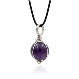 Handmade Amethyst Sphere Pendant Necklace Wire Wrapped Purple Gemstone Jewelry Silver Frame Black Cord Chain - Product Image 1