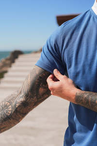 Blue Summer Casual Breathable Satin Men's Crew Neck <b>Knitted</b> Short <b>Set</b> Custom Brand - Product Image 2