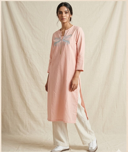 Women Pink Jute Cotton Kurti V Neck <b>Embroidered</b> Straight <b>Tunic</b> Full Sleeve Minimal Floral Detail Casual Ethnic Comfortable Wear - Product Image 6