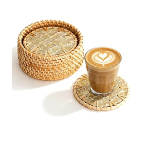 Rattan Mother Of Pearl Coaster <b>Placemat</b> Indian Handmade Rattan Coasters Set with Mother Pearl Mosaic Rattan Coaster - Product Image 2