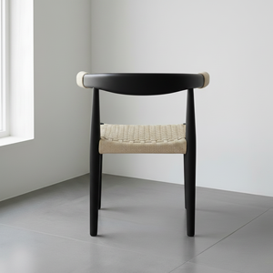 Modern Black Solid Wood <b>Dining</b> <b>Chair</b> Rounded Backrest Luxury Cafe Hotel Restaurant Armrest <b>Chair</b> with Hand Woven Rope Seat OEM - Product Image 2