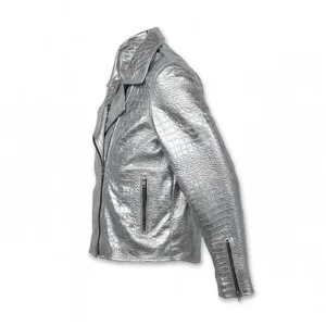 Unisex zilveren croc-geprägte imitatieleer motorjas met asymmetrische rits, croco-structuur, modieus buitenkleding, custom OEM - Product Image 4