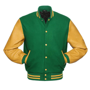 Men baseball varsity <b>jacket</b> High Quality Custom Design Wholesale Bomber Letterman Green Varsity <b>Jacket</b> Golden Sleeves <b>Jacket</b> - Product Image 4