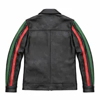 Veste en cuir véritable unisexe noire avec manches rayées rouge et vert, 4 poches, fermeture éclair, style trucker vintage, vêtement d'extérieur, logo personnalisé O