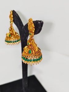 Antique 22k Solid Gold <b>Drop</b> <b>Earrings</b> Handcrafted Lakshmi Motif with Green <b>Emeralds</b> and Natural Pearls for Wedding Occasions - Product Image 2