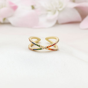 Gold-Plated Silver Multicolored Cubic Zirconia Criss-Cross <b>Adjustable</b> <b>Ring</b> for Women-Wedding Engagement Party Occasions - Product Image 1