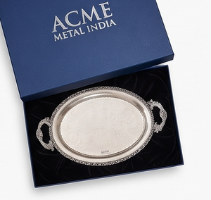 Bandeja de Servir Ovalada de Metal Acme India, Estilo Vintage, con Patrón Floral, Acabado de Metal Pulido, Asa, Uso Residencial, Bodas - Product Image 3
