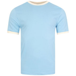 T-shirt rose à manches courtes pour homme avec bordure contrastante, col rond, coupe classique, tricoté, couleur unie - Product Image 2