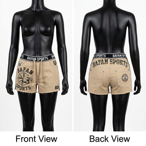 Shorts de mujer de algodón grueso de 300 GSM, color beige, estilo urbano, con estampado gráfico, cintura elástica y logotipo personalizado. - Product Image 5