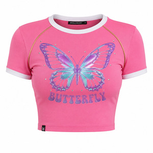 Camiseta Corta Oversize de Algodón 100% para Hombre, Estilo Y2K High Street, con Mariposa Rosa Intenso y Pedrería - Product Image 3