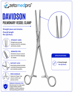 DAVIDSON Pulmonary Vessel <b>Clamp</b> Straight Jaws Shanks Length 9in 22.9cm Lung Surgery ZETOMEDPRO - Product Image 2
