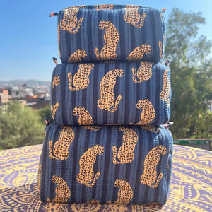 Set Of 3 Quilted Cotton Leopard Printed <b>Toiletry</b> <b>Bags</b> Zipper Block Fashion <b>Bag</b> Set Tassel Indian Multifunction Wholesale Rate - Product Image 1
