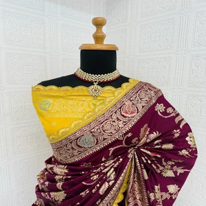 VASTRA COTTAGE Sari de Seda Dola Tejido con Diseño Floral para Mujer, Sari Festivo para Bodas - Product Image 3