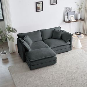 Divano a Due Posti in Ciniglia per Spazi Ridotti con 1 Pouf, Divano Componibile a L con 1 Poggiapiedi - Product Image 1