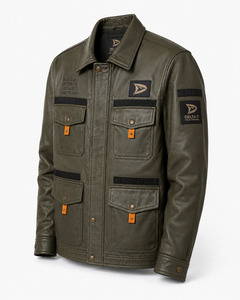 Veste en cuir vert olive pour homme, style workwear, col rabattu, design à patchs, coupe-vent, vêtement d'automne - Product Image 3