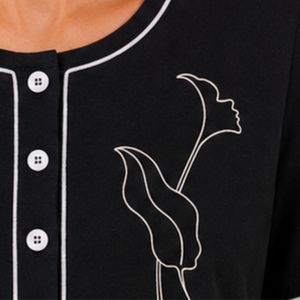 Black And White Women Two Piece Shorts Set Round Neck Button <b>Top</b> Minimal Flower Embroidery Casual Summer Cotton Lounge Wear - Product Image 6