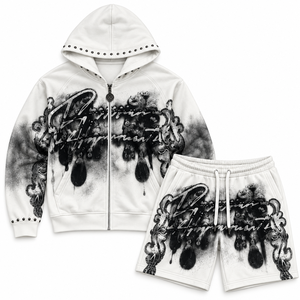 Pantalones de chándal de lujo góticos de forro polar con cremallera, personalizables con pedrería, con capucha, de algodón, con estampado abstracto, pantalones cortos premium para descansar, al por mayor - Product Image 1
