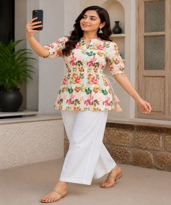 Women Floral <b>Printed</b> Rayon Vintage Quick Dry Kurta <b>White</b> <b>Palazzo</b> Pants Casual Ethnic India Pakistan Summer Loose Fit 86664 FVD- - Product Image 2