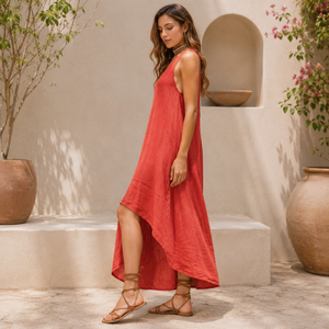 Women's Rust Orange Linen Sleeveless High Low Midi <b>Dress</b> Casual Summer Beach Vacation <b>Loose</b> Fit Boho Elegant Lightweight <b>Dress</b> - Product Image 3