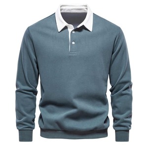 Camiseta de Punto de Manga Corta para Hombre, 100% Algodón, Transpirable, Corte Holgado Informal, Cuello Alto, Color Azul Marino Sólido - Product Image 4