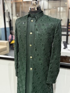 Sherwani vert pour homme avec imprimé pailleté, longueur cheville, tenue de mariage traditionnelle, coupe classique, polyester infroissable, vêtement indien - Product Image 4