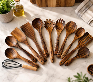Juego de cucharas de madera de teca de 12 piezas – Utensilios de cocina naturales sin recubrimiento - Product Image 1