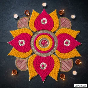 Tapis Rangoli traditionnel en coton avec pompons et motifs brodés pour la décoration de mariage - Product Image 4