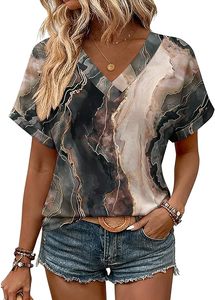 Women's Crew Neck <b>Cap</b> <b>Sleeve</b> Floral Printed Jersey Soft Stretch <b>Top</b> Loose Fit Breathable Casual Spring Summer Style - Product Image 5
