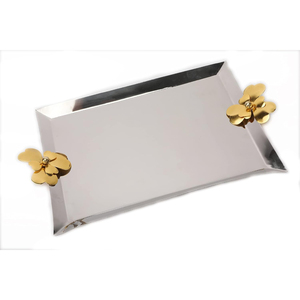 Plateau de service rectangulaire moderne en acier inoxydable avec poignées uniques en forme de fleur dorée, plat décoratif en métal pour la maison - Product Image 1