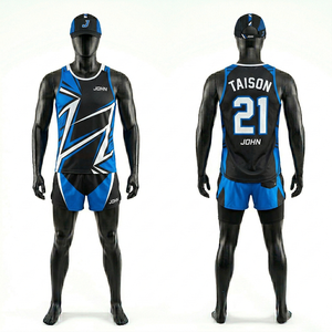 ชุดวิ่งผู้ชาย 150 GSM ผ้าโพลีเอสเตอร์ระบายอากาศได้ดี สีน้ำเงินกรมท่า ดีไซน์แผงสีขาว พิมพ์ลายแบบ Sublimation พร้อมโลโก้สั่งทำพิเศษ - Product Image 6