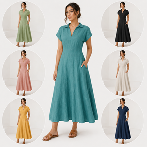 Robe chemise en lin pour femme, décontractée, col en V, mi-longue, manches courtes, coupe trapèze, robe d'été élégante pour le travail et le bureau, avec poches - Product Image 2