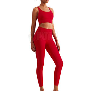 Conjunto de yoga de 2 piezas para mujer, color rojo, top corto con cuello redondo y espalda cruzada, leggings de cintura alta y largo completo, sin costuras, a cuadros, transpirable - Product Image 1