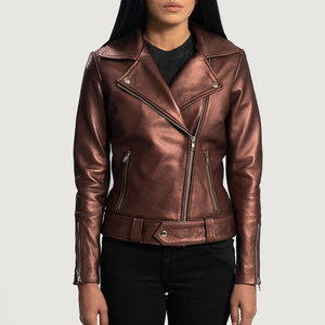 Women's Genuine Leather Moto Jacket Full Sleeve Zipper Closure Turn-<b>down</b> Collar Autumn Wear Regular Fit Solid Color - Product Image 4