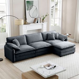 Divano Sezionale a L Oversize a 3 Posti in Corduroy Grigio con Poggiapiedi e Pouf per Soggiorni - Product Image 1