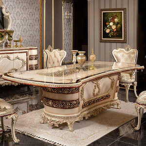 Ensemble de table à manger de style royal européen classique en acajou massif finition crème dorée, 6 chaises classiques avec buffet - Product Image 4