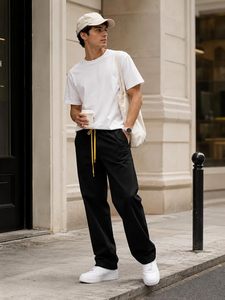 Pantalones Casuales de Mezclilla Negros para Hombre, 100% Algodón, Ecológicos, de Tiro Medio, Ajuste Holgado, con Cordón en la Cintura y Pierna Ancha - Product Image 6