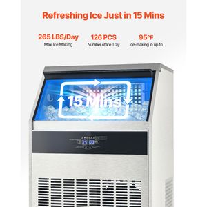 Macchina per il ghiaccio commerciale da 265 libbre/24 ore, capacità di stoccaggio 88 libbre, 126 cubetti, 15 minuti, nuovo display LED, pompa di scarico da 500 kg inclusa - Product Image 2