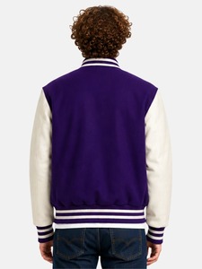 Men's <b>Purple</b> <b>Varsity</b> <b>Jacket</b> Solid Color Button Closure Regular Fit Turn-down Collar Polyester Cotton Lining Autumn Casual Style - Product Image 3