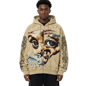 Sweat à capuche zippé beige pour homme, motif graphique, coupe oversize, style streetwear, imprimé artistique vintage, personnalisable OEM, faible MOQ - Product Image 1